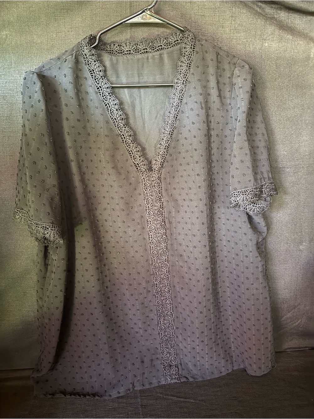 Sheer Lace-Trim V-Neck Blouse in Light Gray